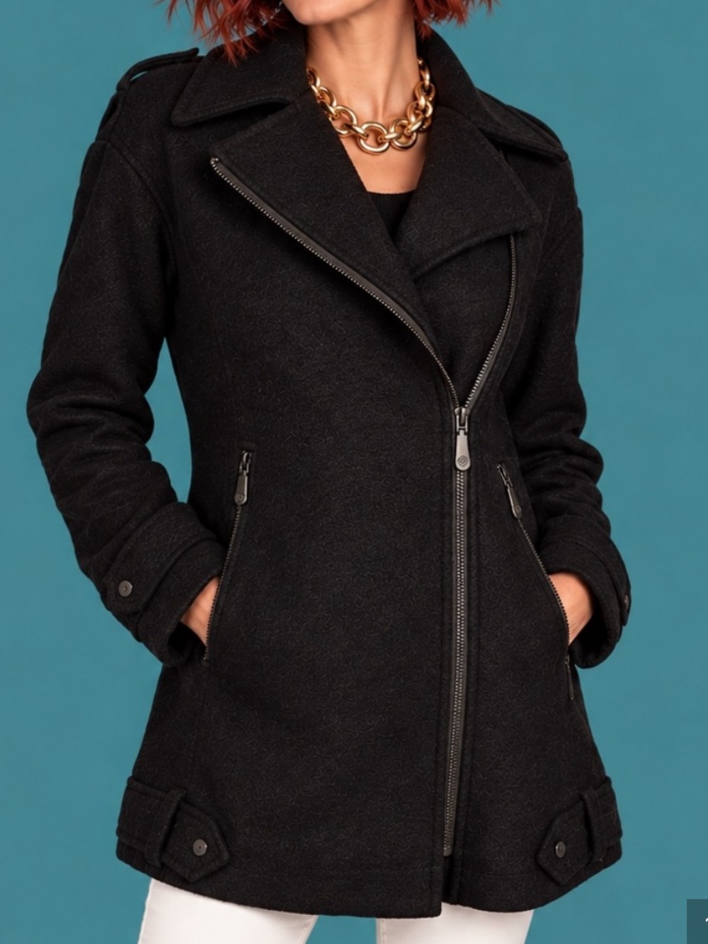 NWT Vince Camuto Black Asymmetrical Zip Wool Blend Moto Coat Jacket Petite Small